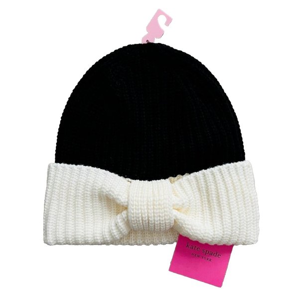Kate Spade New York Bow Cuff Rib Knit Beanie Black/White - Picture 1 of 1